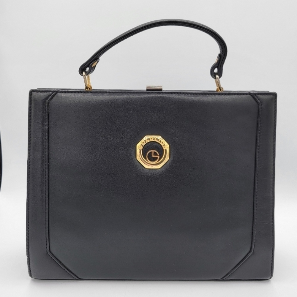 Vintage Goldlion Handbag Black Smooth Leather #1857